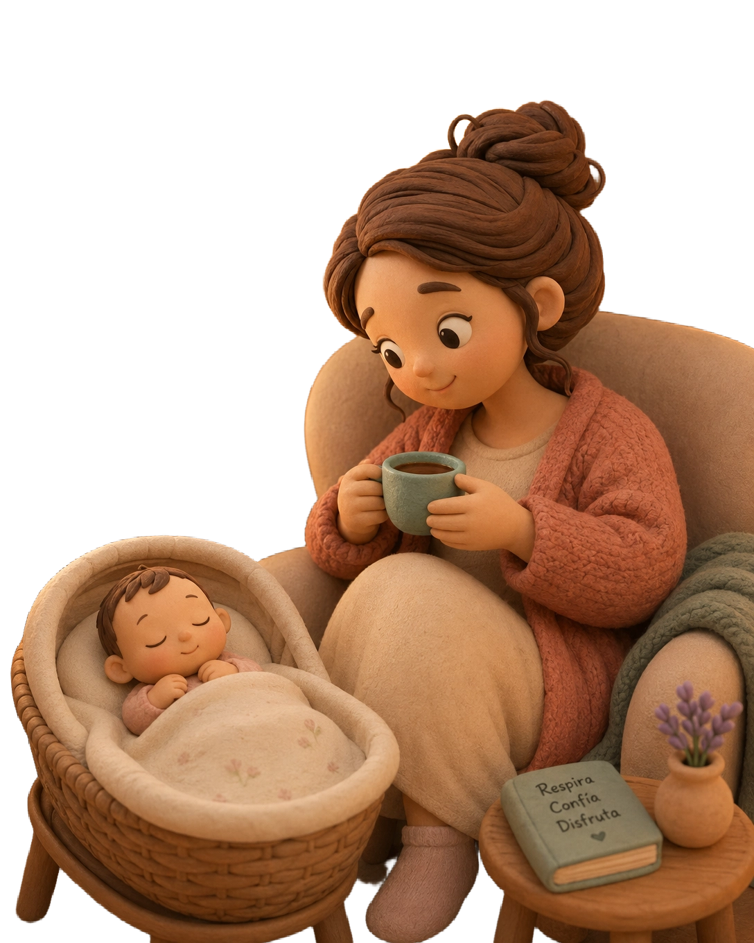 Mamá tranquila con bebé durmiendo